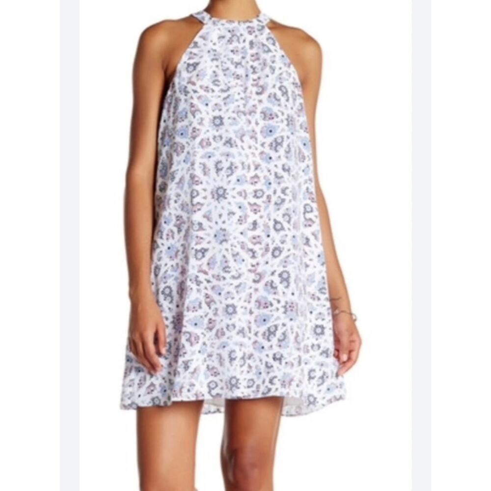 CeCe Bianca Mosaic Print White Blue and Red Halter Shift Dress Size 6